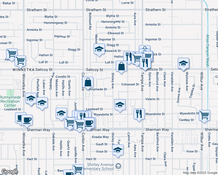 map of restaurants, bars, coffee shops, grocery stores, and more near 19515 Runnymede Street in Los Angeles