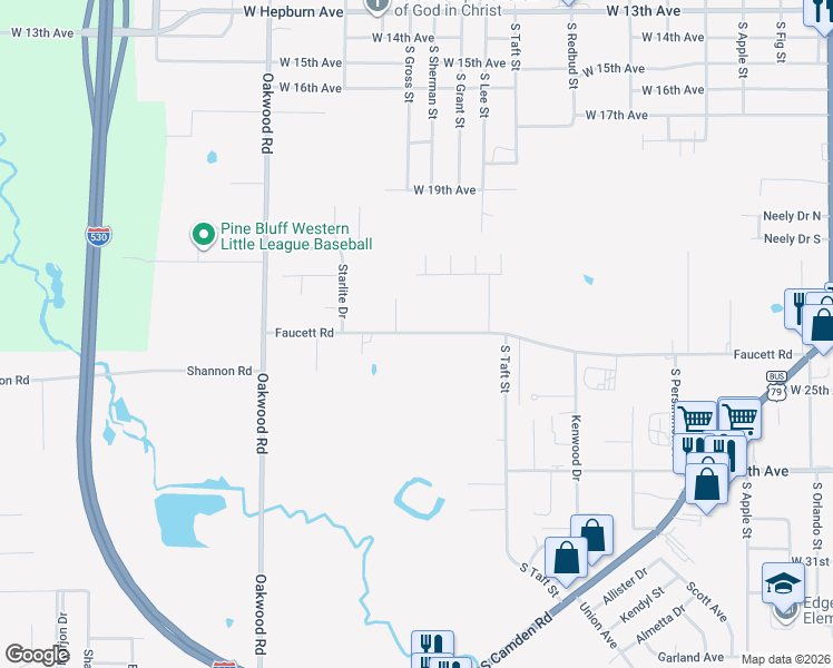 map of restaurants, bars, coffee shops, grocery stores, and more near 5114 Faucett Road in Pine Bluff
