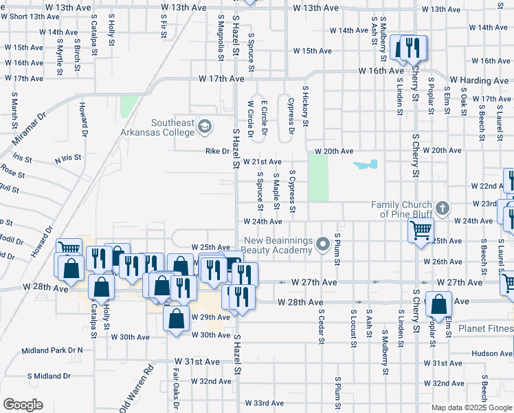 map of restaurants, bars, coffee shops, grocery stores, and more near 2100 West 23rd Avenue in Pine Bluff