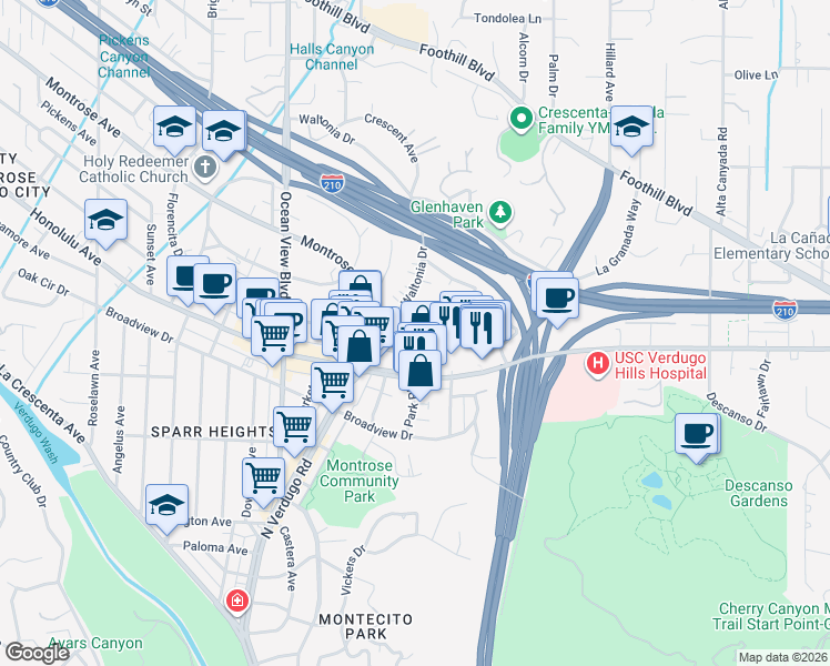 map of restaurants, bars, coffee shops, grocery stores, and more near 3908 Park Place in La Crescenta-Montrose