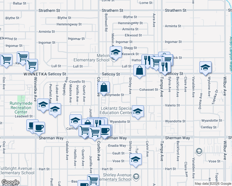 map of restaurants, bars, coffee shops, grocery stores, and more near 19555 Runnymede Street in Los Angeles