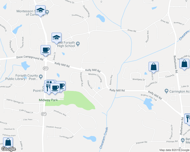 map of restaurants, bars, coffee shops, grocery stores, and more near 4945 Wilshire Crossing in Cumming
