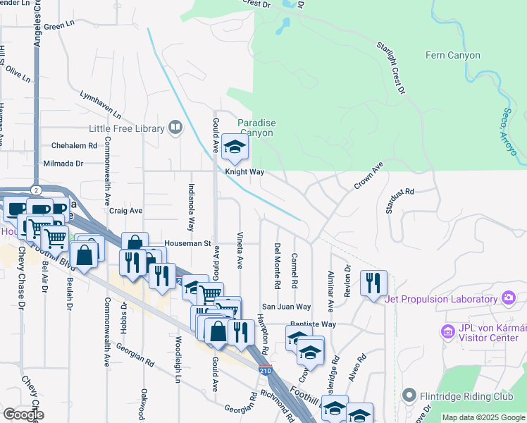 map of restaurants, bars, coffee shops, grocery stores, and more near 385 Santa Inez Way in La Cañada Flintridge