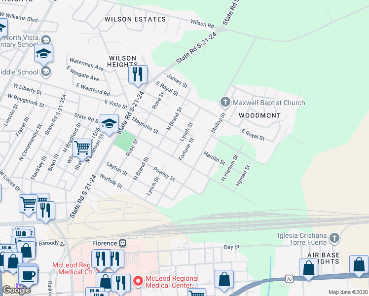 map of restaurants, bars, coffee shops, grocery stores, and more near 1001 Fortune Street in Florence