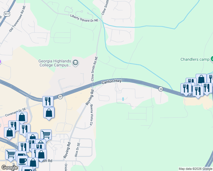 map of restaurants, bars, coffee shops, grocery stores, and more near 40 Old Roving Road in Cartersville