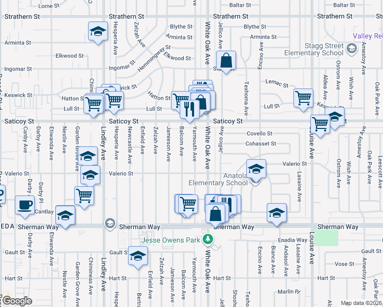 map of restaurants, bars, coffee shops, grocery stores, and more near 7440 Yarmouth Avenue in Los Angeles
