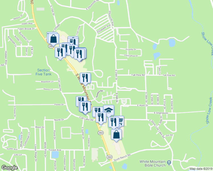 map of restaurants, bars, coffee shops, grocery stores, and more near 4850 South Manzanita Way in Show Low