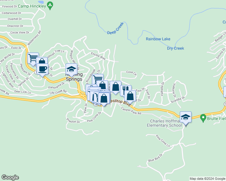 map of restaurants, bars, coffee shops, grocery stores, and more near 32068 Hunsaker Way in Running Springs
