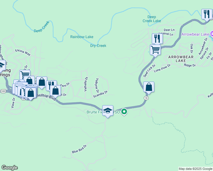 map of restaurants, bars, coffee shops, grocery stores, and more near 32538 Scandia Drive in Running Springs