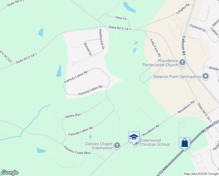 map of restaurants, bars, coffee shops, grocery stores, and more near 502 Fairway Lakes Road in Greenwood