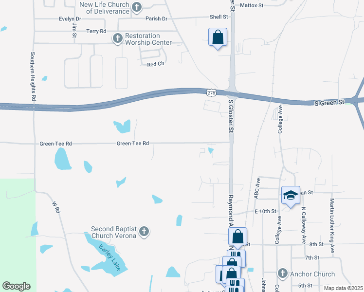 map of restaurants, bars, coffee shops, grocery stores, and more near 1179 Green Tee Road in Tupelo