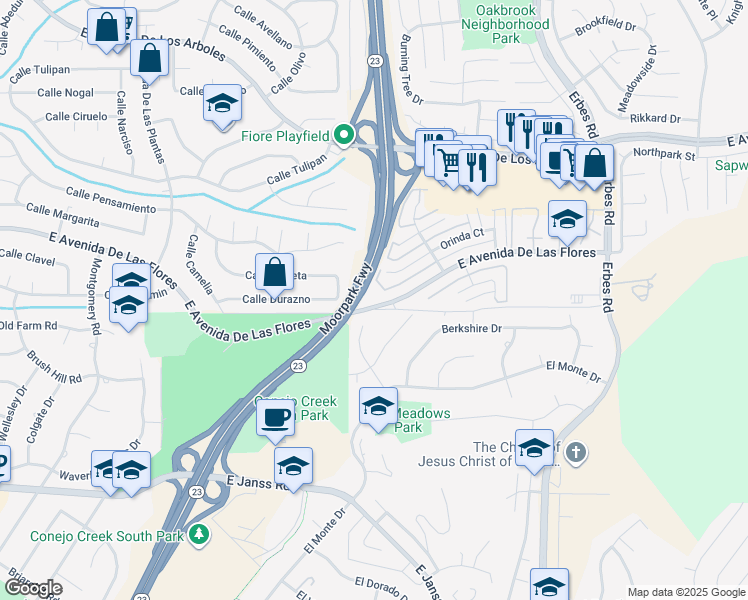 map of restaurants, bars, coffee shops, grocery stores, and more near 1595 East Avenida De Las Flores in Thousand Oaks
