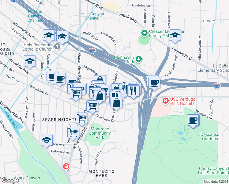 map of restaurants, bars, coffee shops, grocery stores, and more near 3908 Park Place in La Crescenta-Montrose
