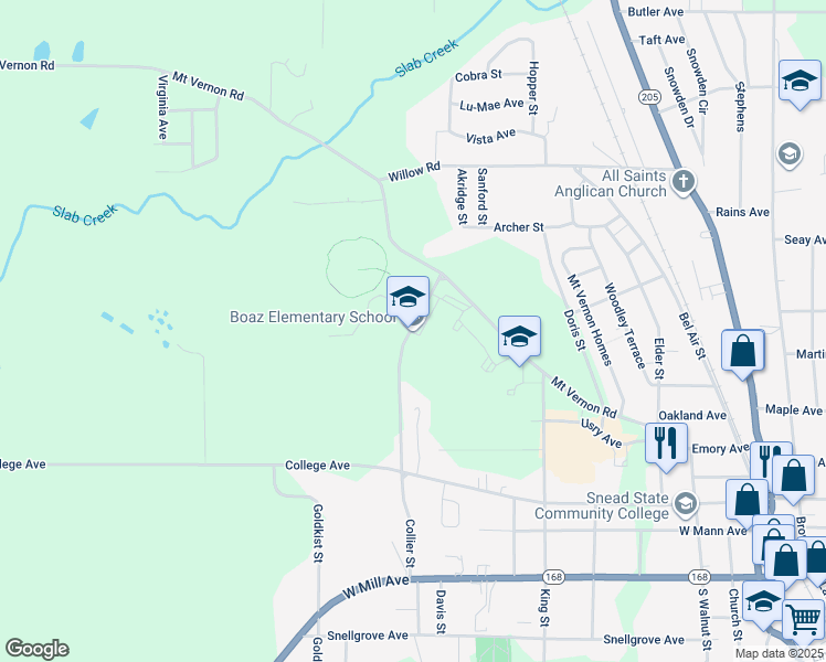 map of restaurants, bars, coffee shops, grocery stores, and more near 362 Collier Street in Boaz
