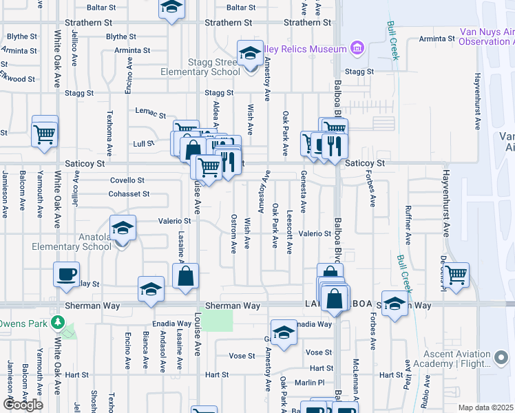 map of restaurants, bars, coffee shops, grocery stores, and more near 7439 Amestoy Avenue in Los Angeles