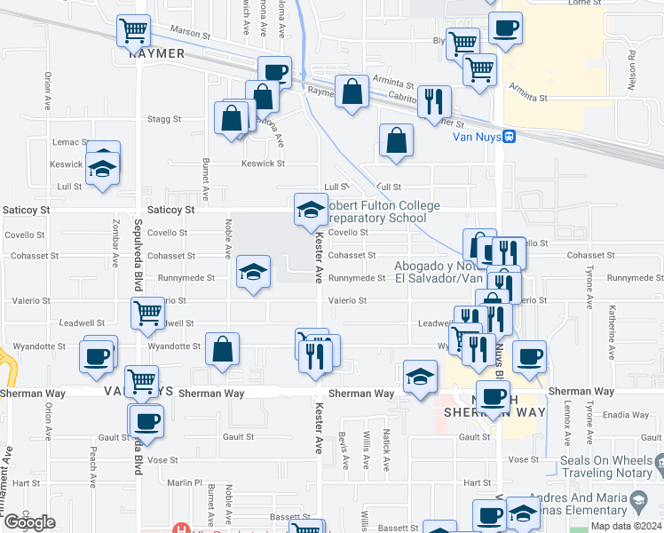 map of restaurants, bars, coffee shops, grocery stores, and more near 7440 Kester Avenue in Los Angeles