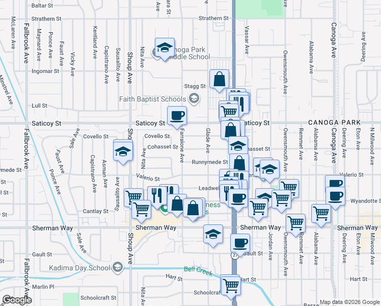map of restaurants, bars, coffee shops, grocery stores, and more near 22140 Cohasset Street in Los Angeles
