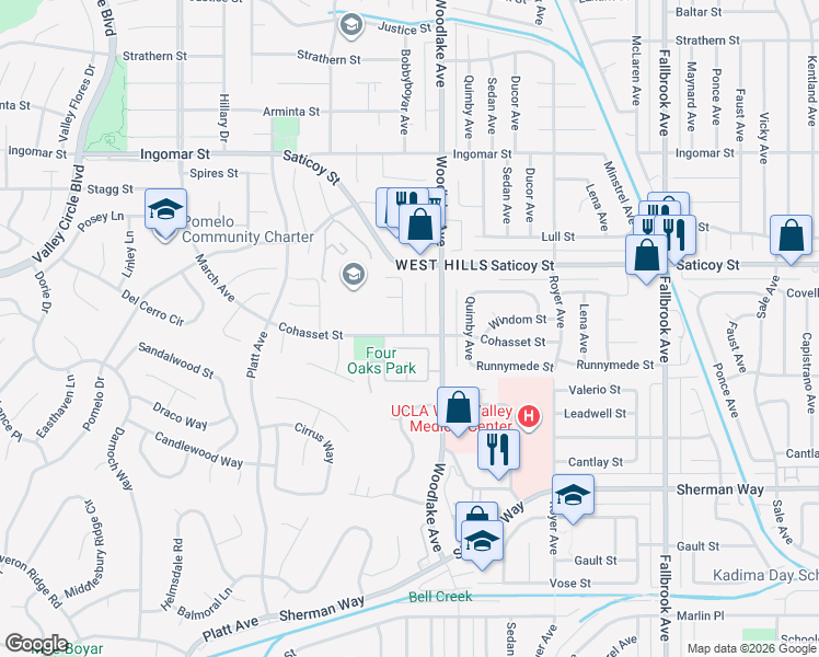 map of restaurants, bars, coffee shops, grocery stores, and more near 7500 Melba Avenue in Los Angeles