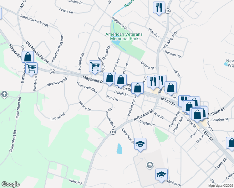 map of restaurants, bars, coffee shops, grocery stores, and more near 117 Peach Street in Commerce