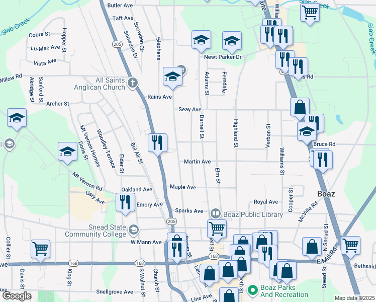 map of restaurants, bars, coffee shops, grocery stores, and more near 605 Brown Street in Boaz