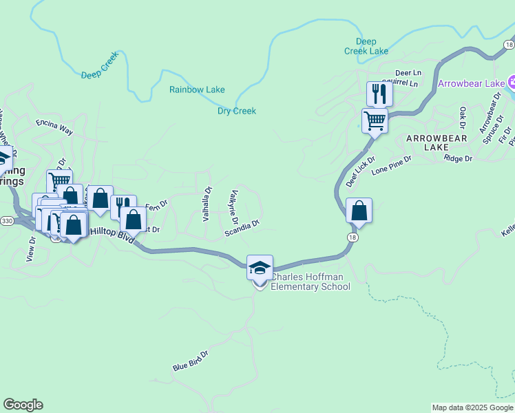 map of restaurants, bars, coffee shops, grocery stores, and more near 32538 Scandia Drive in Running Springs