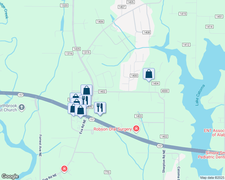 map of restaurants, bars, coffee shops, grocery stores, and more near 120 County Road 1400 in Cullman