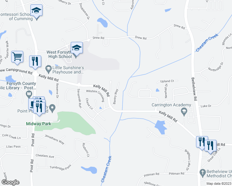 map of restaurants, bars, coffee shops, grocery stores, and more near 4870 Bantry Way in Cumming