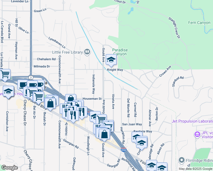 map of restaurants, bars, coffee shops, grocery stores, and more near 4846 Gould Avenue in La Cañada Flintridge