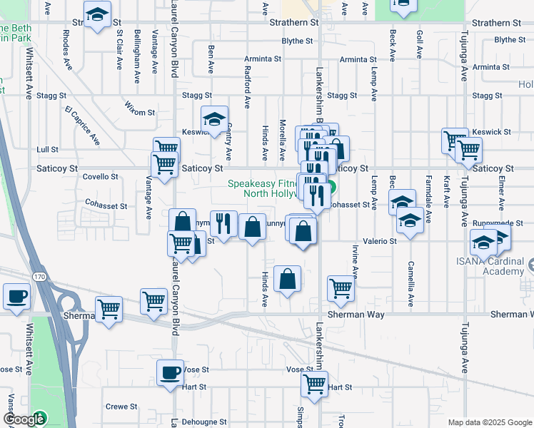 map of restaurants, bars, coffee shops, grocery stores, and more near 11765 Runnymede Street in Los Angeles