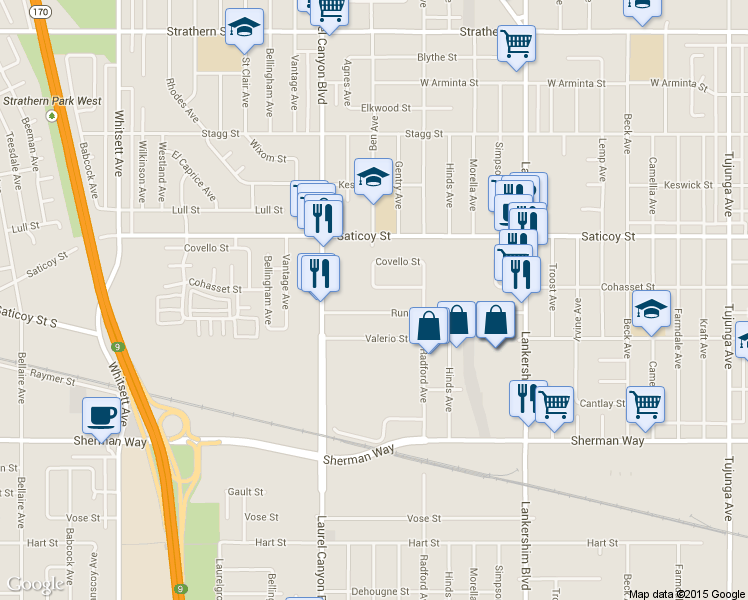 map of restaurants, bars, coffee shops, grocery stores, and more near 12001 Runnymede Street in Los Angeles