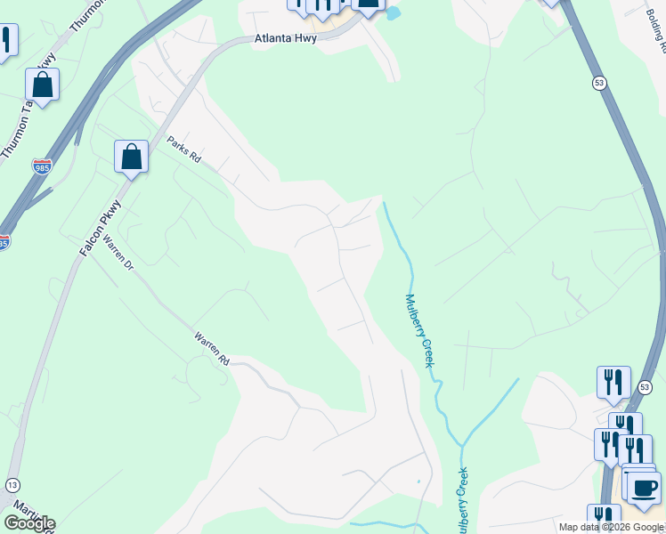 map of restaurants, bars, coffee shops, grocery stores, and more near 4028 Parks Road in Flowery Branch