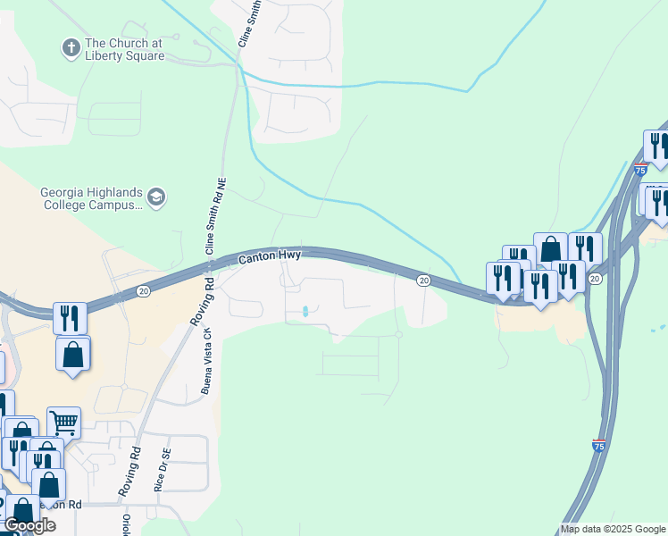 map of restaurants, bars, coffee shops, grocery stores, and more near Highway 20 Southeast in Cartersville