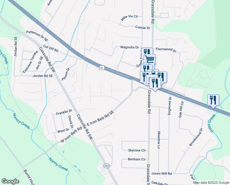 map of restaurants, bars, coffee shops, grocery stores, and more near 103 Woodhaven Drive in Cartersville