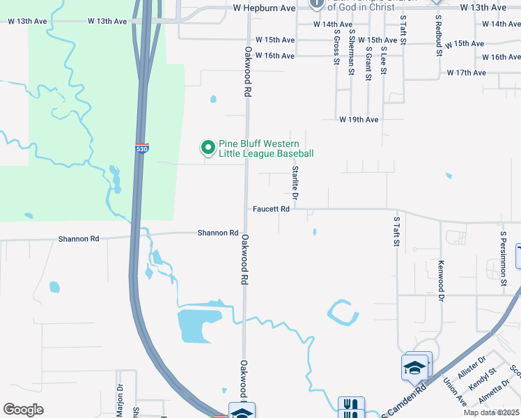 map of restaurants, bars, coffee shops, grocery stores, and more near 5514 Faucett Road in Pine Bluff
