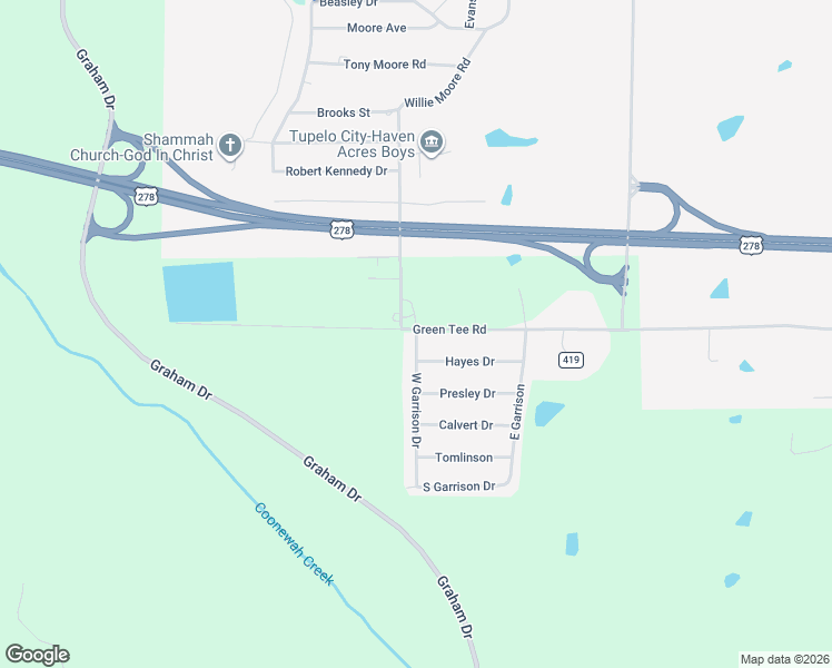 map of restaurants, bars, coffee shops, grocery stores, and more near 165 West Garrison Drive in Tupelo