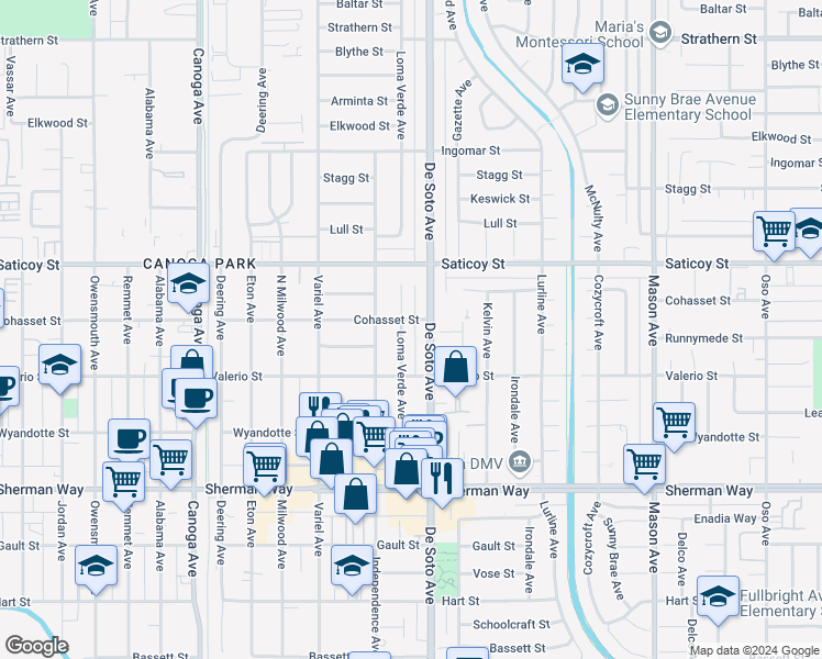 map of restaurants, bars, coffee shops, grocery stores, and more near 7454 Loma Verde Avenue in Los Angeles