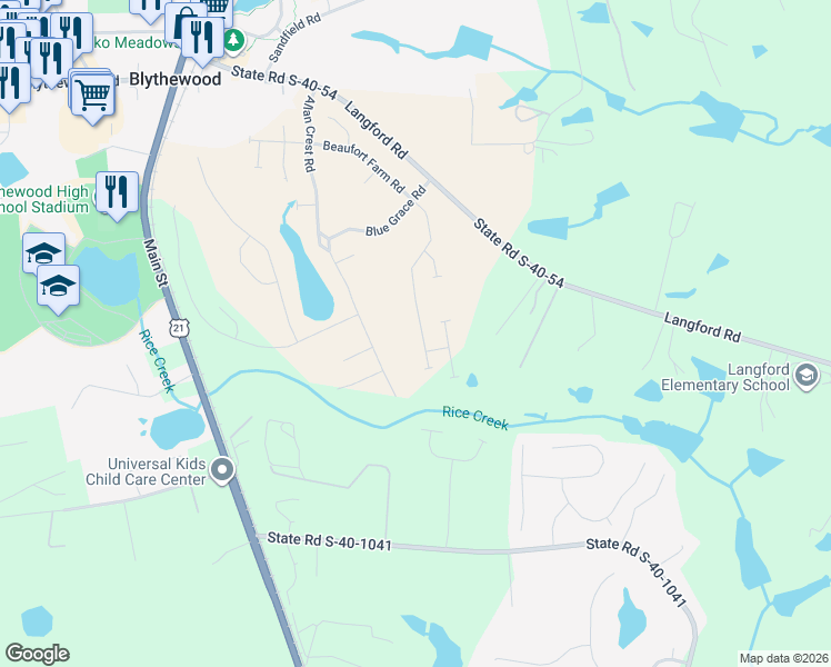 map of restaurants, bars, coffee shops, grocery stores, and more near 1201 Deep Creek Road in Blythewood