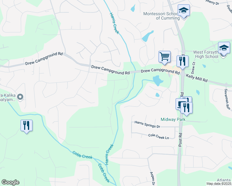 map of restaurants, bars, coffee shops, grocery stores, and more near 3750 Gadolinite Trail in Cumming