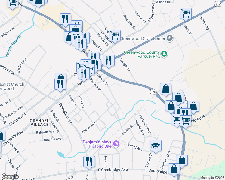 map of restaurants, bars, coffee shops, grocery stores, and more near 316 Holman Street in Greenwood