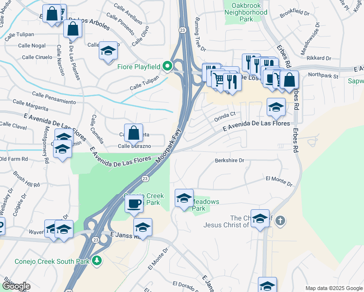 map of restaurants, bars, coffee shops, grocery stores, and more near 1595 East Avenida De Las Flores in Thousand Oaks