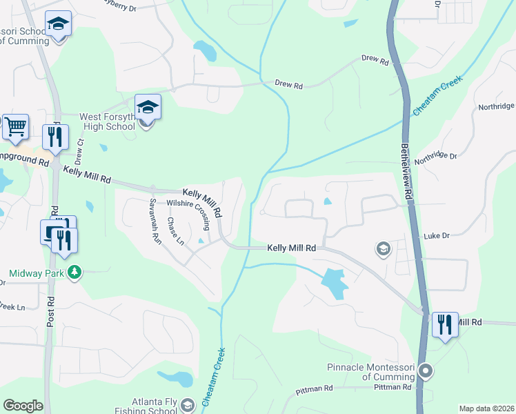 map of restaurants, bars, coffee shops, grocery stores, and more near 4775 Westgate Drive in Cumming