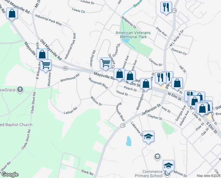 map of restaurants, bars, coffee shops, grocery stores, and more near 89 Andrew Jackson Street in Commerce