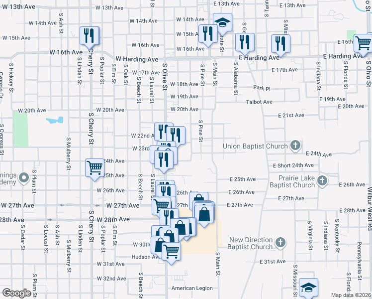 map of restaurants, bars, coffee shops, grocery stores, and more near 2224 South Chestnut Street in Pine Bluff