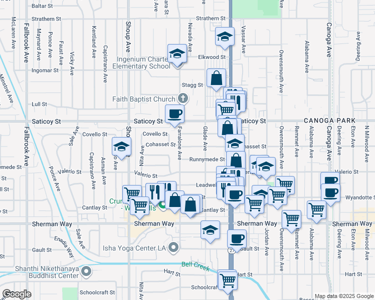 map of restaurants, bars, coffee shops, grocery stores, and more near 22140 Cohasset Street in Los Angeles