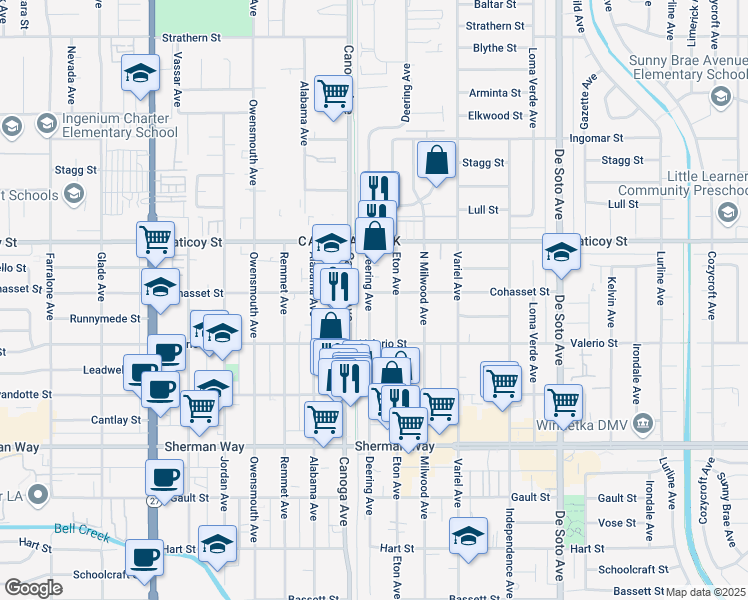 map of restaurants, bars, coffee shops, grocery stores, and more near 7443 Eton Avenue in Los Angeles