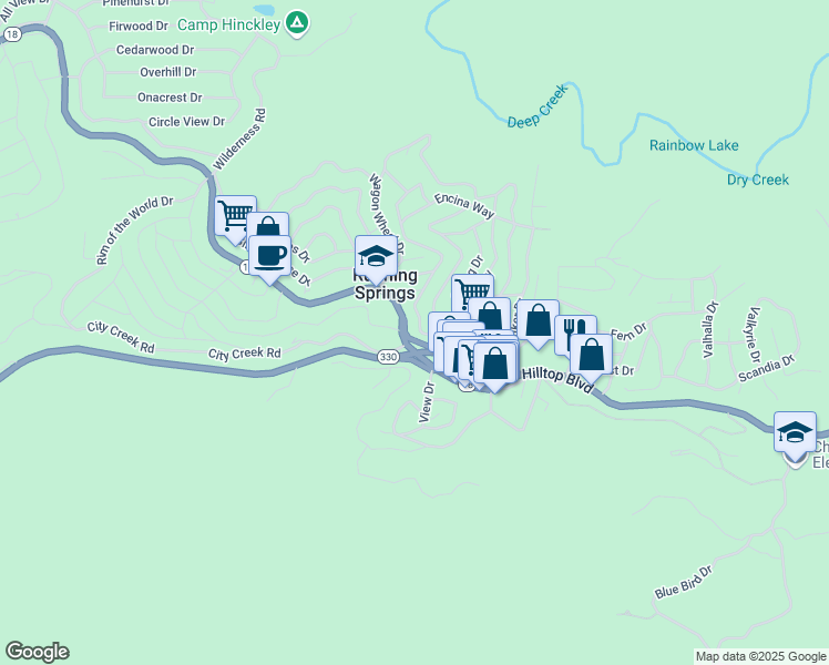 map of restaurants, bars, coffee shops, grocery stores, and more near 2608 Secret Drive in Running Springs