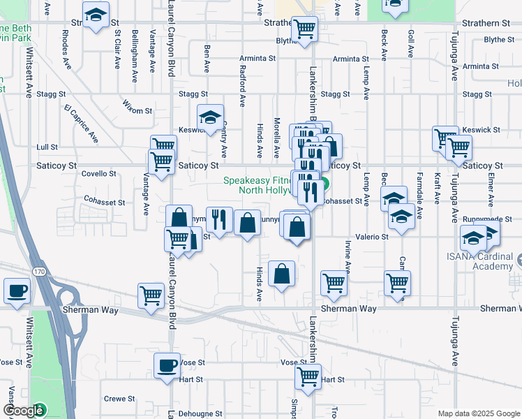 map of restaurants, bars, coffee shops, grocery stores, and more near 11765 Runnymede Street in Los Angeles
