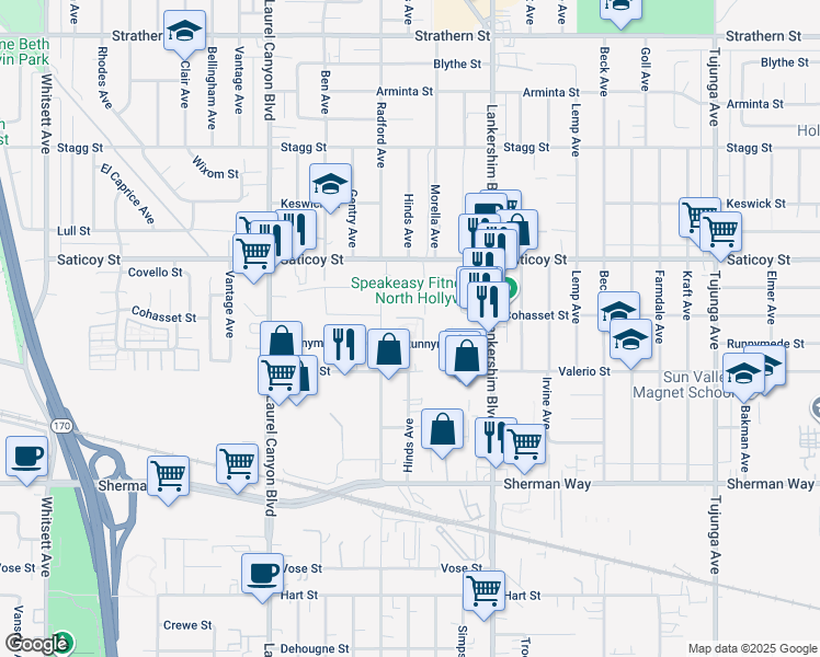 map of restaurants, bars, coffee shops, grocery stores, and more near 11813 Runnymede Street in Los Angeles