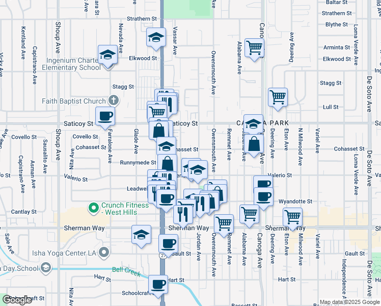 map of restaurants, bars, coffee shops, grocery stores, and more near 21820 Cohasset Street in Los Angeles