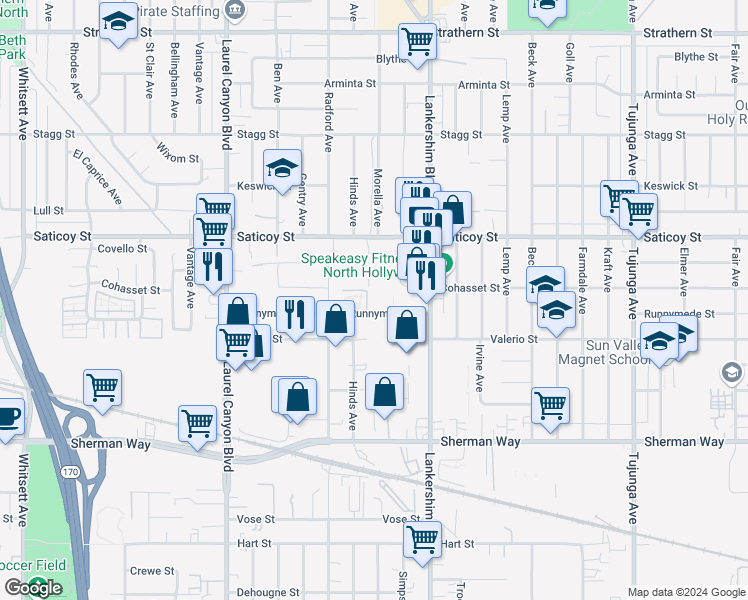 map of restaurants, bars, coffee shops, grocery stores, and more near 11765 Runnymede Street in Los Angeles